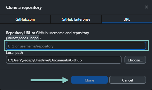 Captura de pantalla del diálogo de clonación en GitHub Desktop