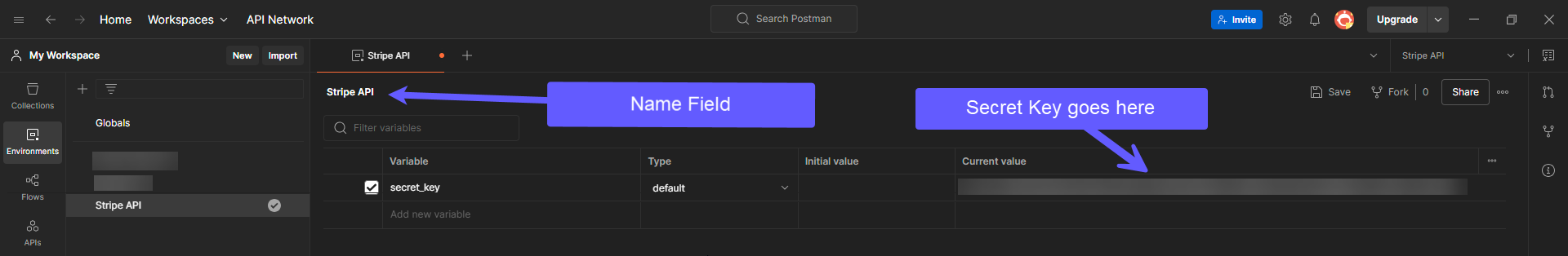 Captura de pantalla del diálogo de configuración del entorno en Postman